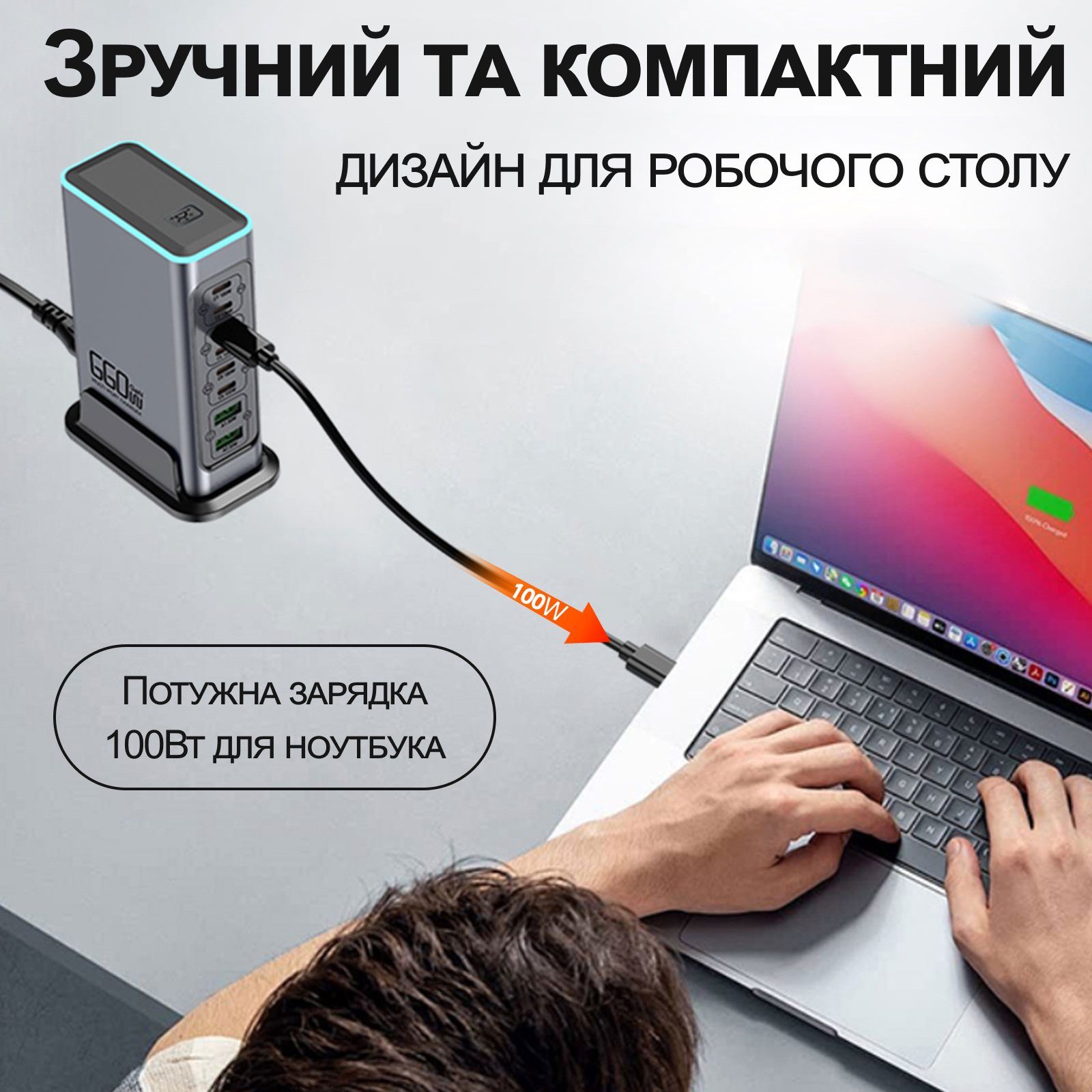 Багатопортова GaN зарядна станція Addap WLX-F8L 140W на 8 портів: швидкісний блок живлення 6×USB-C PD 100W + 2×USB-A QC 30W, для ноутбуків і смартфонів 8