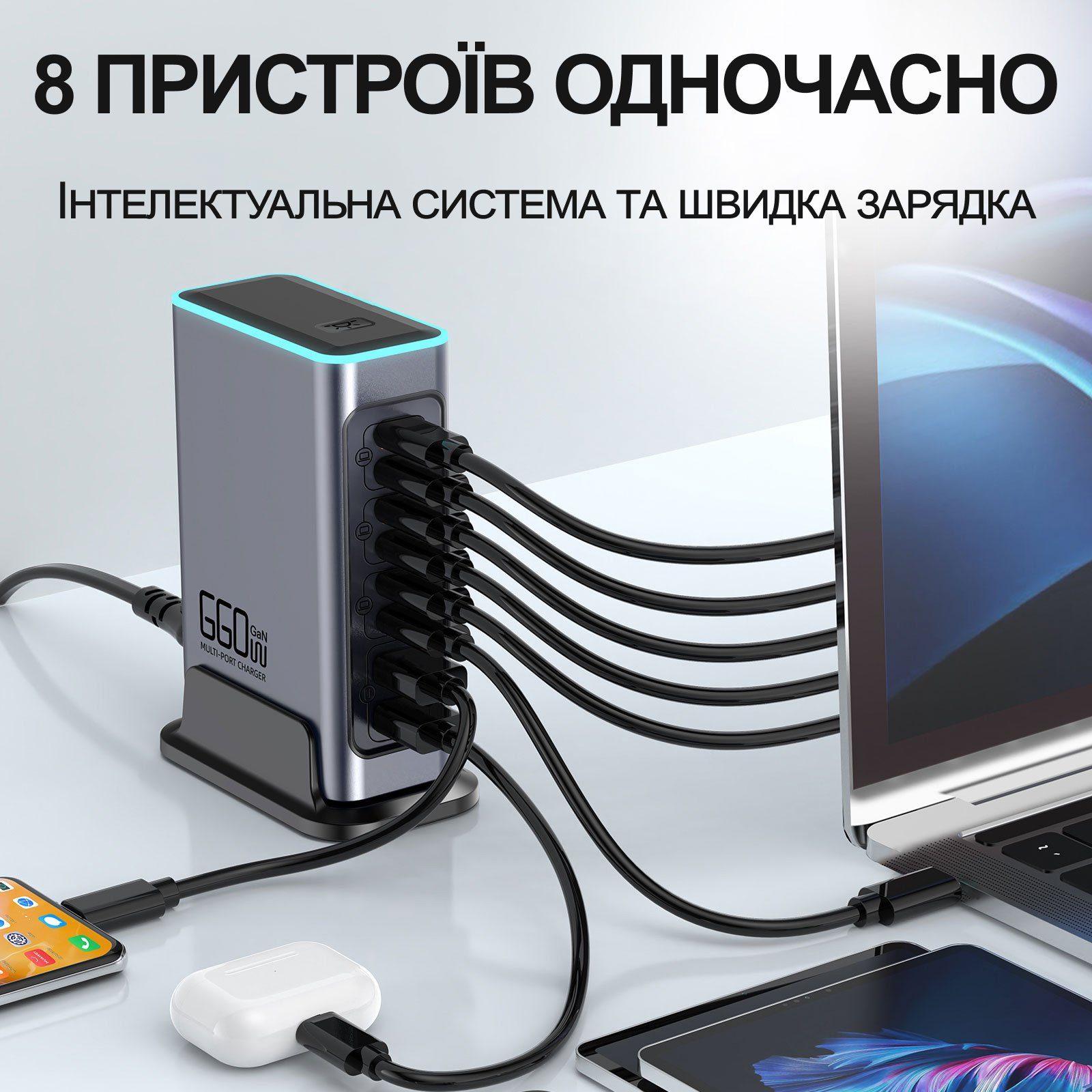 Багатопортова GaN зарядна станція Addap WLX-F8L 140W на 8 портів: швидкісний блок живлення 6×USB-C PD 100W + 2×USB-A QC 30W, для ноутбуків і смартфонів 3