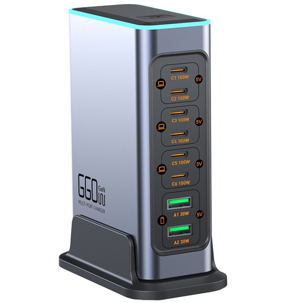 Багатопортова GaN зарядна станція Addap WLX-F8L 140W на 8 портів: швидкісний блок живлення 6×USB-C PD 100W + 2×USB-A QC 30W, для ноутбуків і смартфонів 12