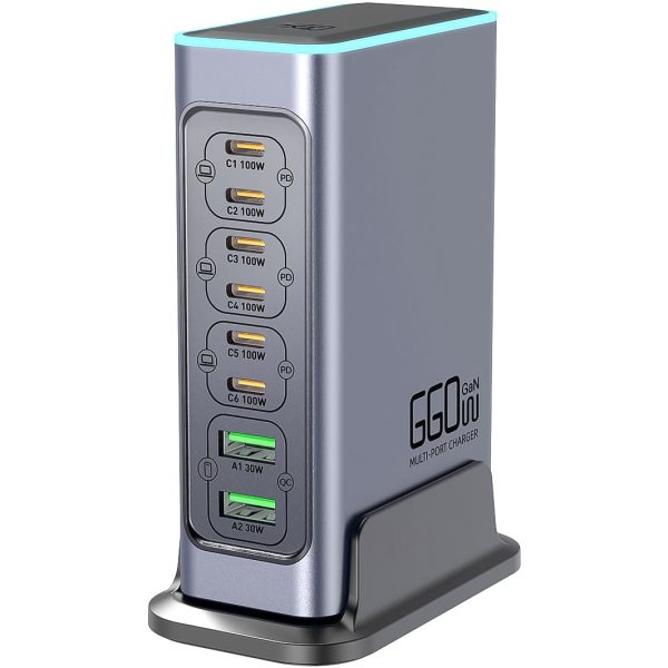Багатопортова GaN зарядна станція Addap WLX-F8L 140W на 8 портів: швидкісний блок живлення 6×USB-C PD 100W + 2×USB-A QC 30W, для ноутбуків і смартфонів