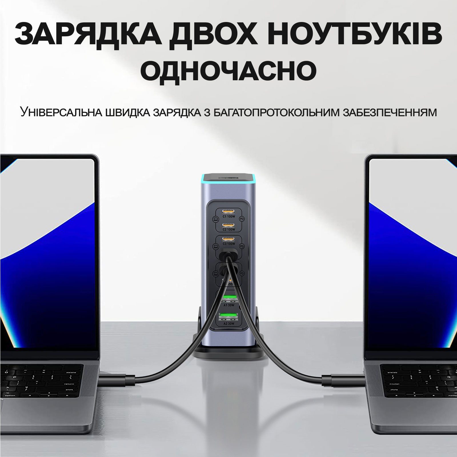 Багатопортова GaN зарядна станція Addap WLX-F8L 140W на 8 портів: швидкісний блок живлення 6×USB-C PD 100W + 2×USB-A QC 30W, для ноутбуків і смартфонів 4