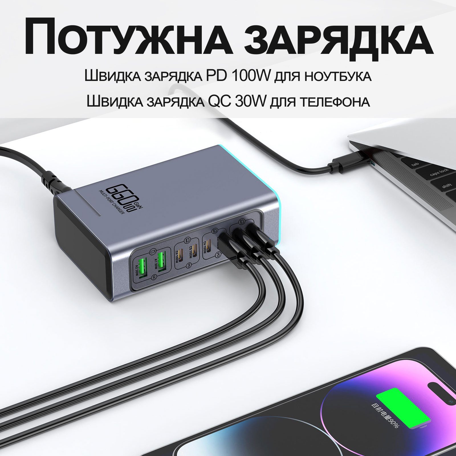 Багатопортова GaN зарядна станція Addap WLX-F8L 140W на 8 портів: швидкісний блок живлення 6×USB-C PD 100W + 2×USB-A QC 30W, для ноутбуків і смартфонів 9