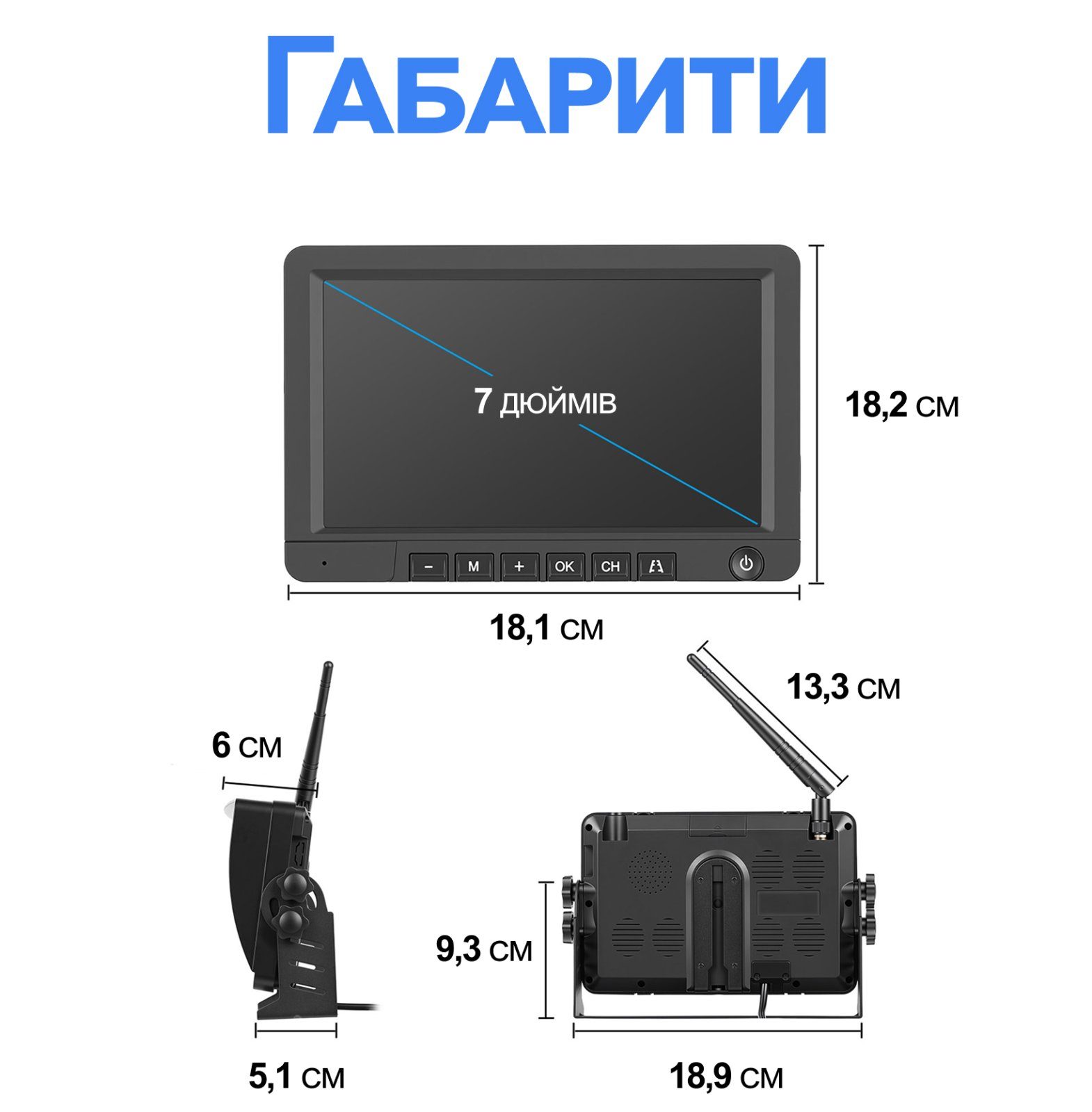 Бездротова камера заднього виду з монітором 7" для Mercedes Sprinter 2006-2019 Podofo A4499, паркувальний комплекс з відеореєстратором 8
