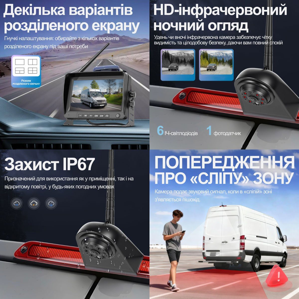 Бездротова камера заднього виду з монітором 7" для Mercedes Sprinter 2006-2019 Podofo A4499, паркувальний комплекс з відеореєстратором 3