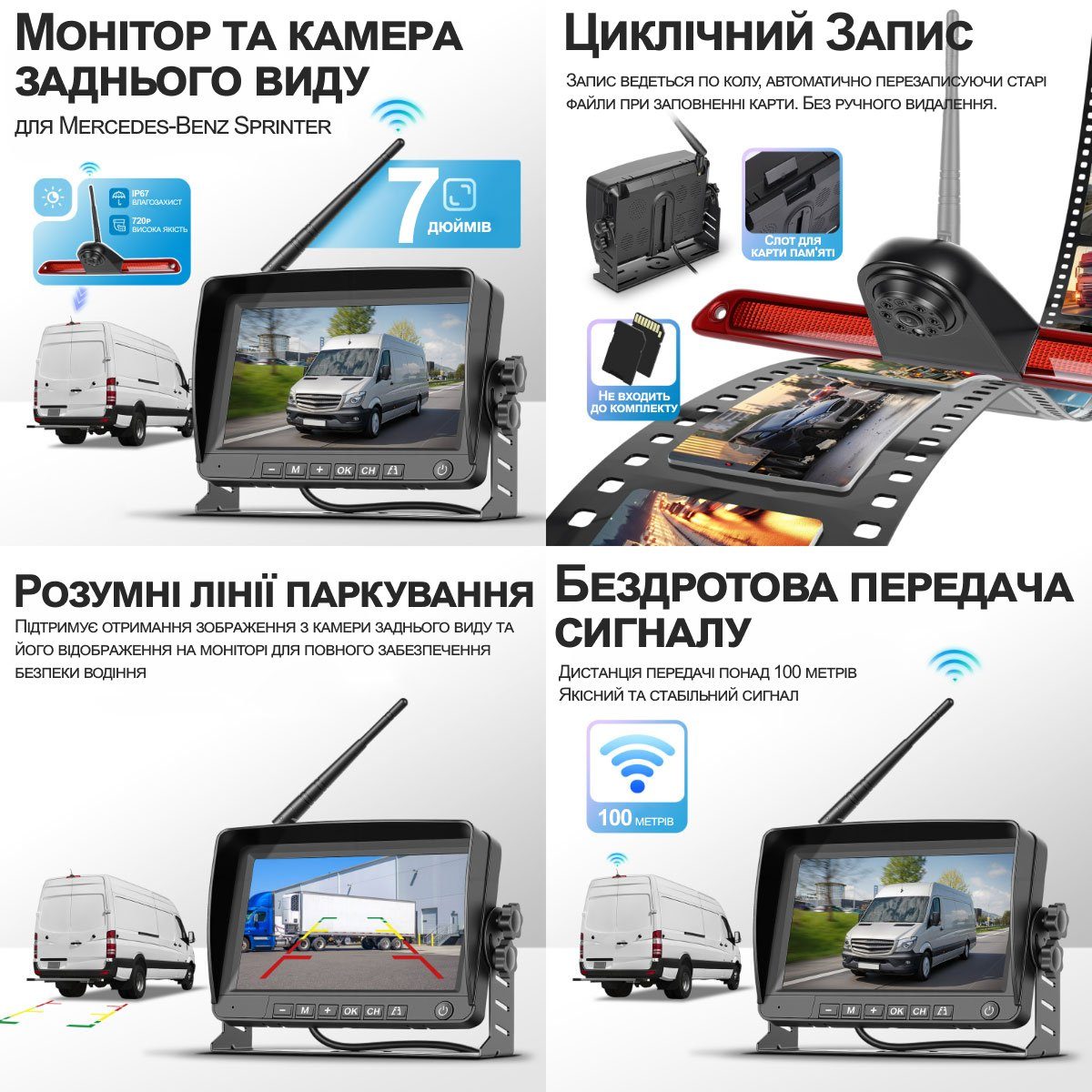 Бездротова камера заднього виду з монітором 7" для Mercedes Sprinter 2006-2019 Podofo A4499, паркувальний комплекс з відеореєстратором 2