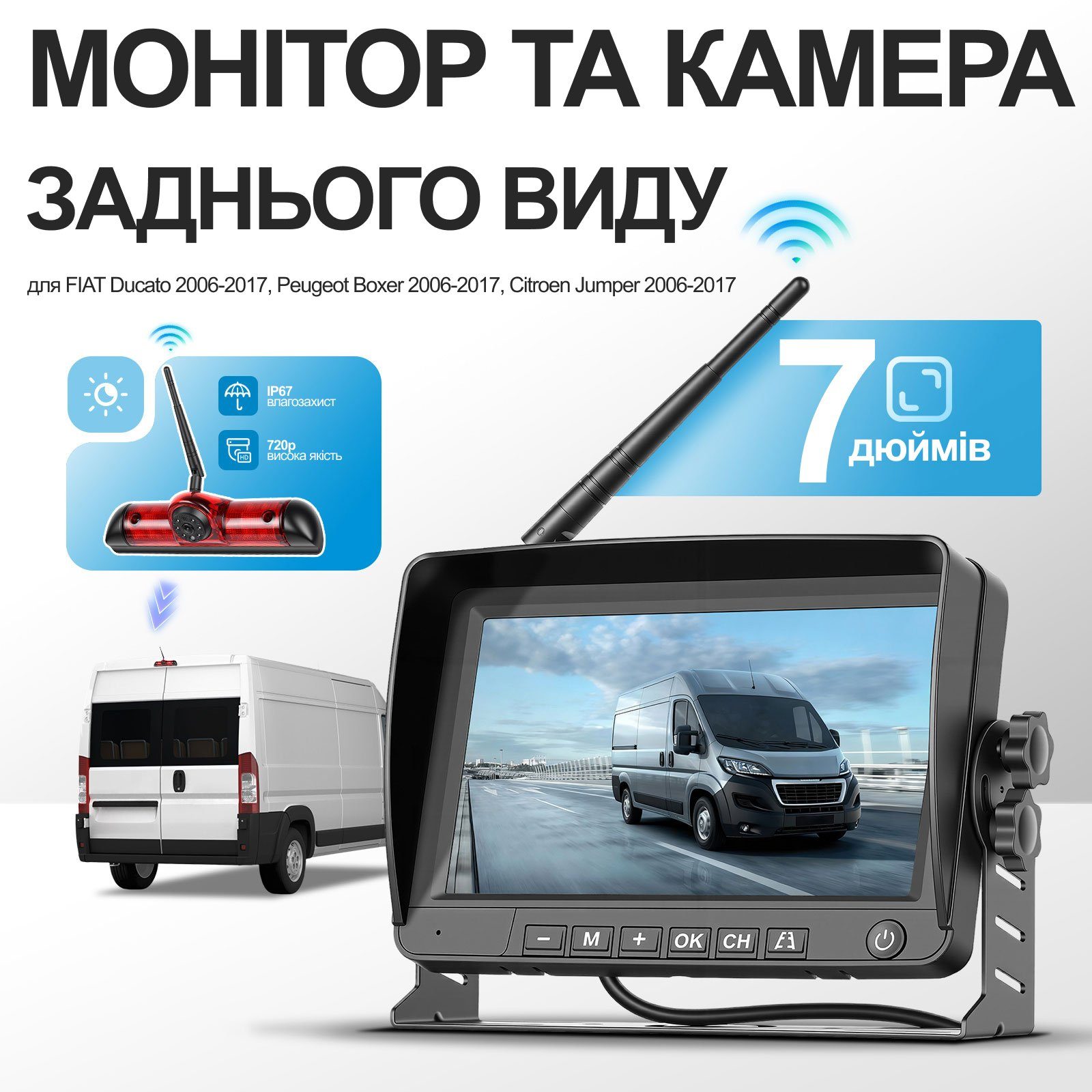 Бездротова камера заднього виду з монітором 7" для FIAT Ducato, Peugeot Boxer, Citroen Jumper 2006-2017 Podofo A4500, паркувальний комплекс з відеореєстратором 2