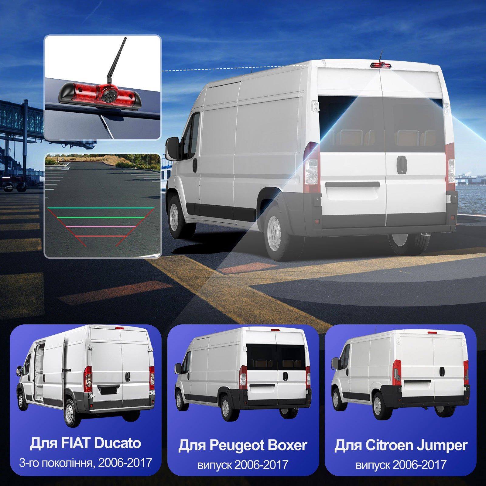 Бездротова камера заднього виду з монітором 7" для FIAT Ducato, Peugeot Boxer, Citroen Jumper 2006-2017 Podofo A4500, паркувальний комплекс з відеореєстратором 6