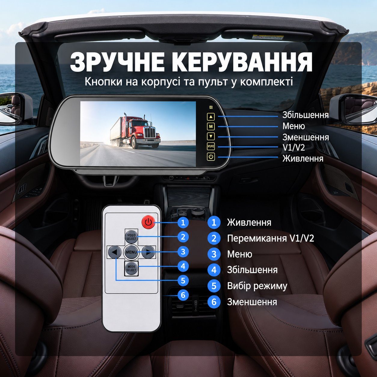 Автомобільний монітор-дзеркало для камер заднього виду 7" Podofo A4671, з сенсорним екраном, паркувальними лініями та пультом керування, RCA, 12-24 В 9