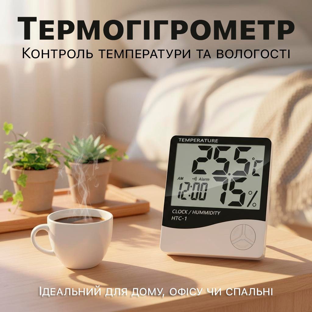 Електронний кімнатний термометр гігрометр з годинником Uchef HTC-1 2