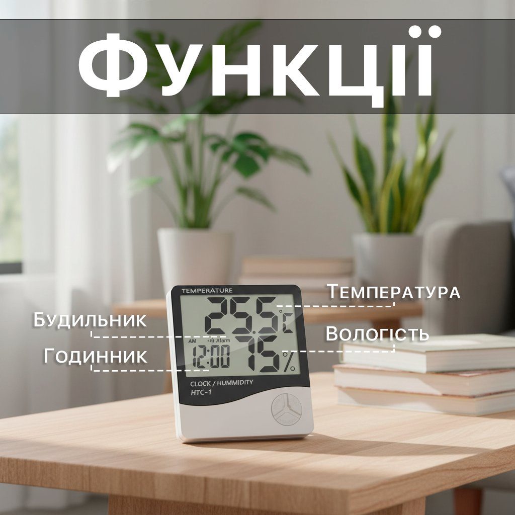 Електронний кімнатний термометр гігрометр з годинником Uchef HTC-1 3