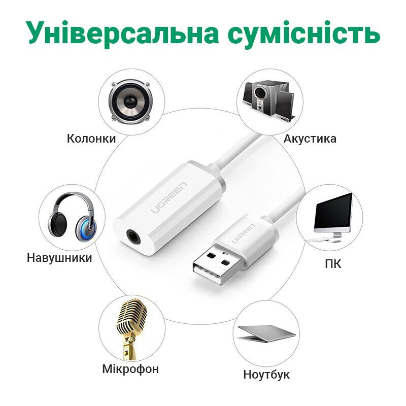 Зовнішня звукова карта Ugreen WUS206, 2в1 USB Audio Adapter, TRRS, USB 2,0, White 12