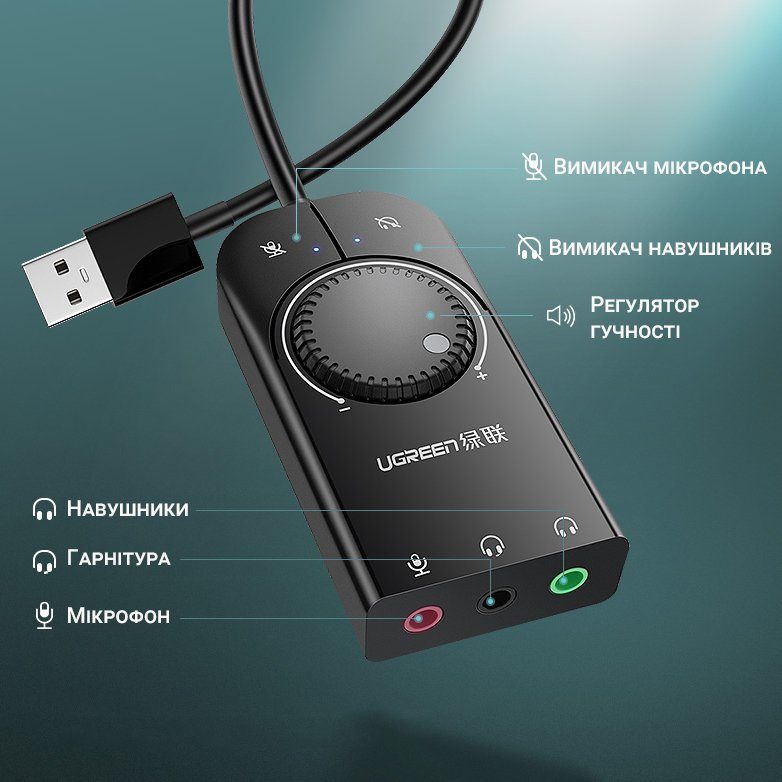 Зовнішня USB звукова карта Ugreen CM129 з регулятором гучності | Аудіо-адаптер на 3 порти 3,5 мм Jack 8