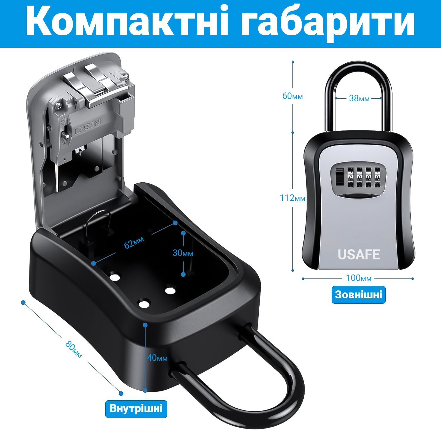 Підвісний металевий міні сейф для ключів uSafe KS-05, з гачком і паролем, Сірий 10