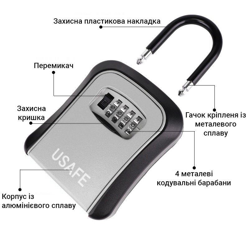 Підвісний металевий міні сейф для ключів uSafe KS-05, з гачком і паролем, Сірий 5