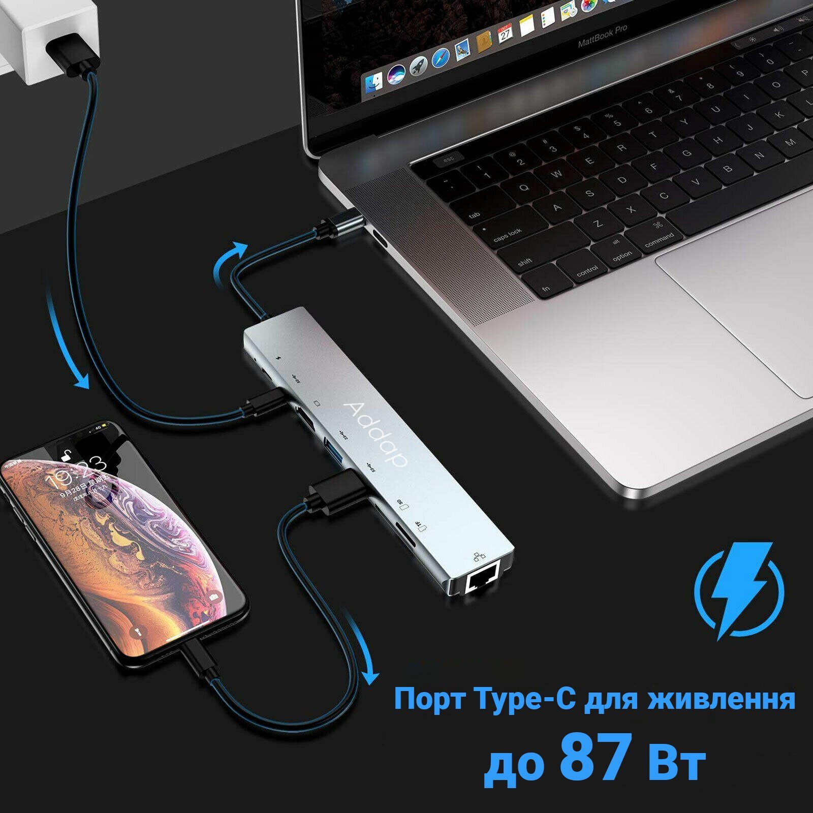Мультифункціональний USB Type-C хаб Addap MH-04, 8 в 1: HDMI / HDTV + PD + USB C + SD + TF + RJ45 8
