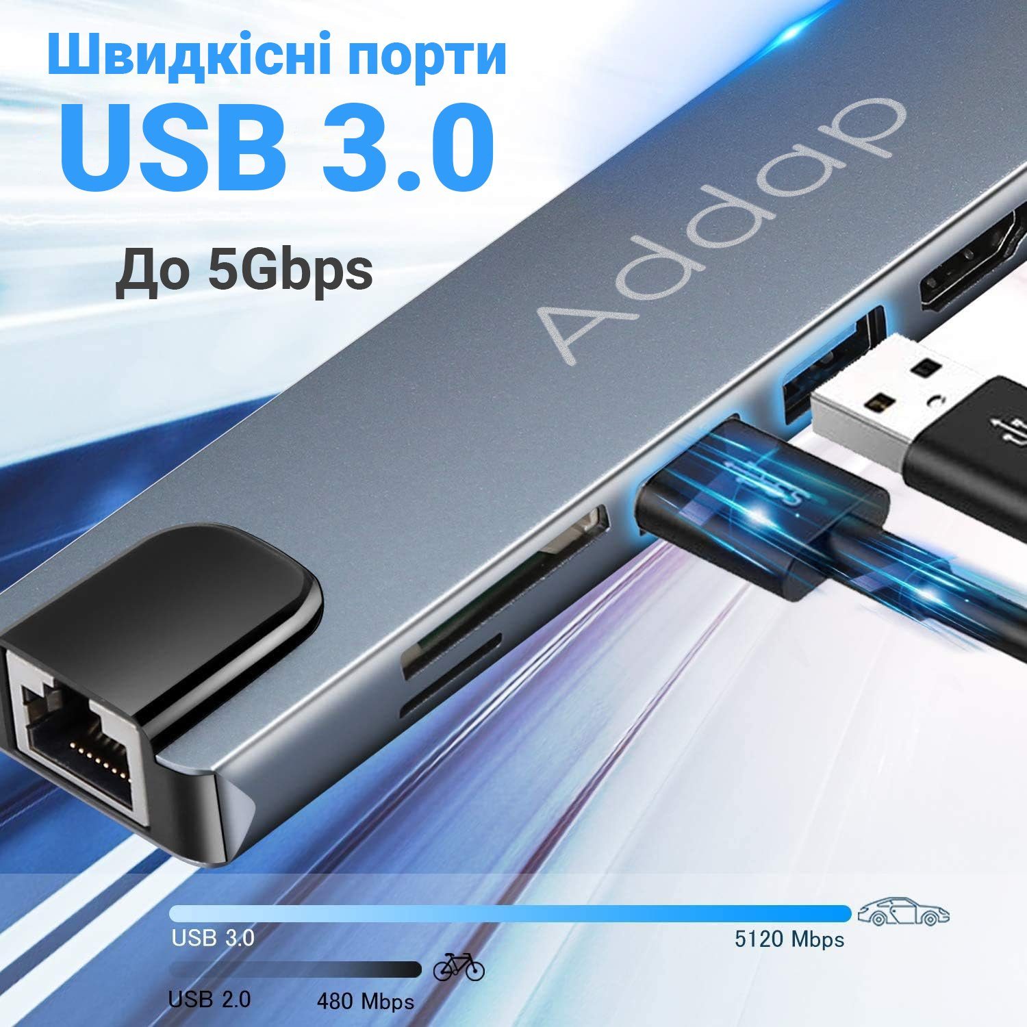 Мультифункціональний USB Type-C хаб Addap MH-04, 8 в 1: HDMI / HDTV + PD + USB C + SD + TF + RJ45 5