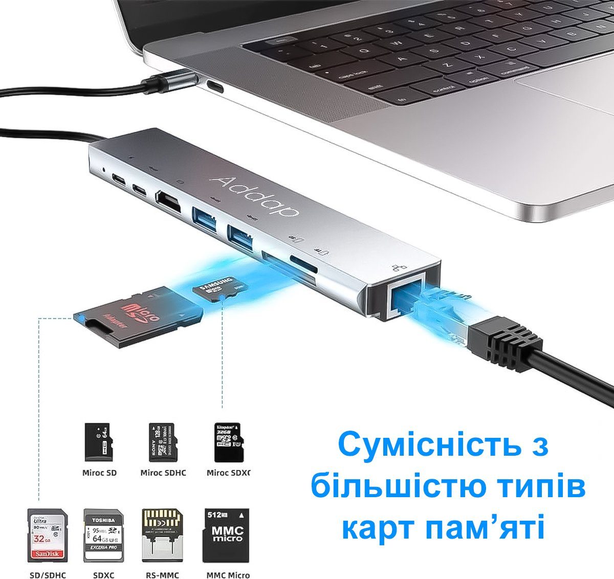 Мультифункціональний USB Type-C хаб Addap MH-04, 8 в 1: HDMI / HDTV + PD + USB C + SD + TF + RJ45 9
