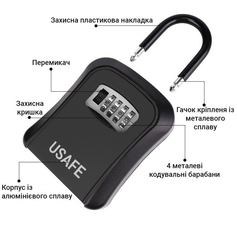 Підвісний металевий міні сейф для ключів uSafe KS-05, з гачком і паролем, Чорний 4