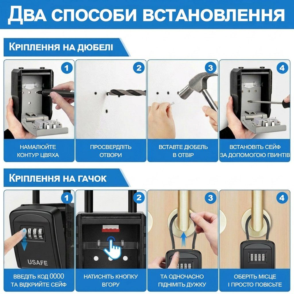 Підвісний зовнішній міні сейф uSafe KS-07 для ключів, з кодовим замком та гнучким тросом, Сірий 4