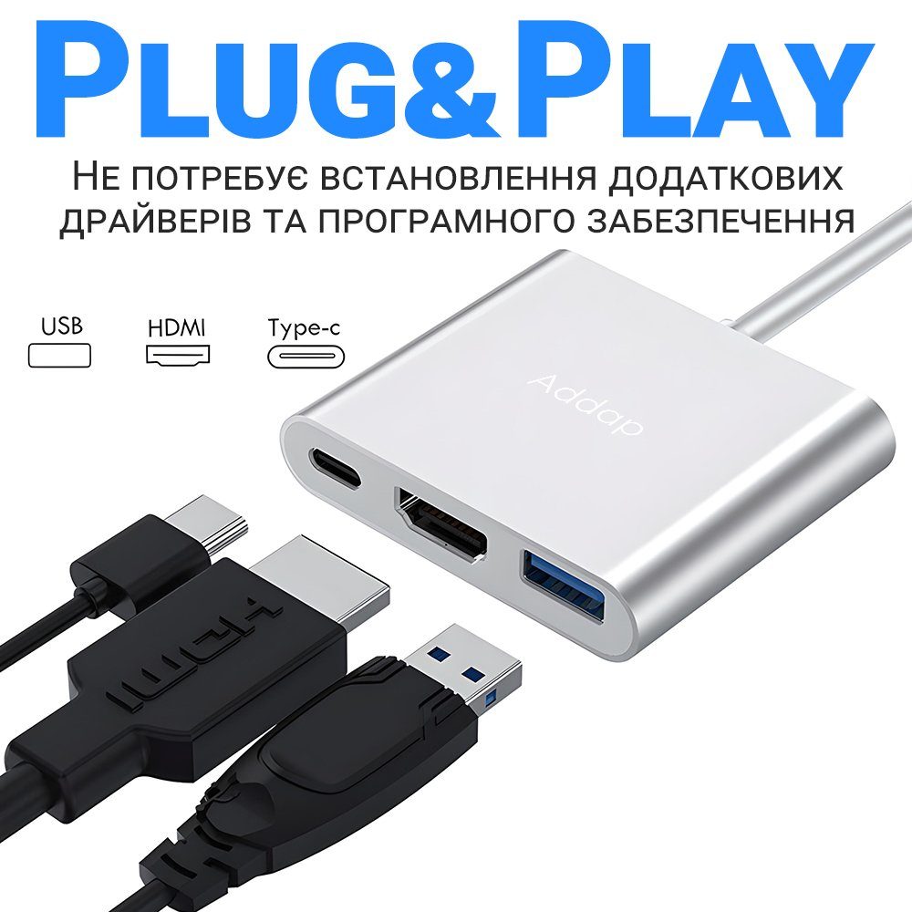 USB Type-C хаб Addap MH-06, адаптер-концентратор для ноутбука, MacBook 3 в 1: USB 3,0,  HDMI, Type-C 7