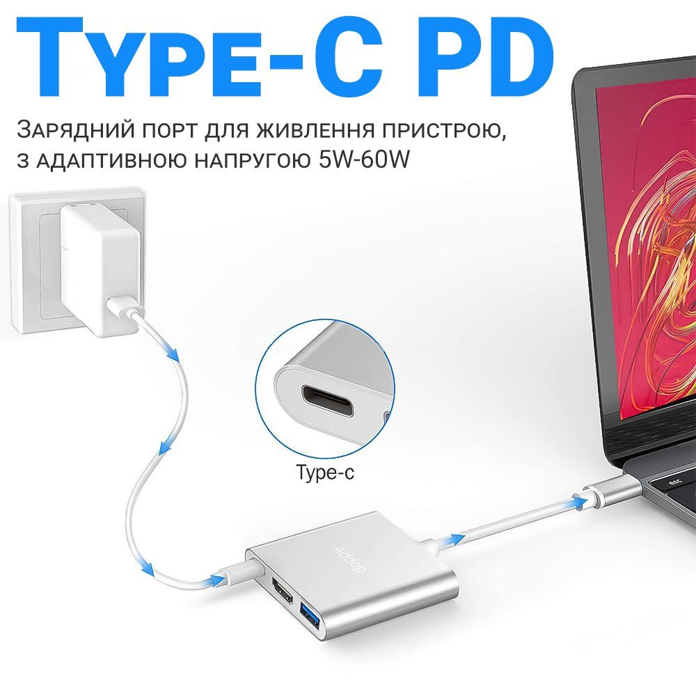 USB Type-C хаб Addap MH-06, адаптер-концентратор для ноутбука, MacBook 3 в 1: USB 3,0,  HDMI, Type-C 6