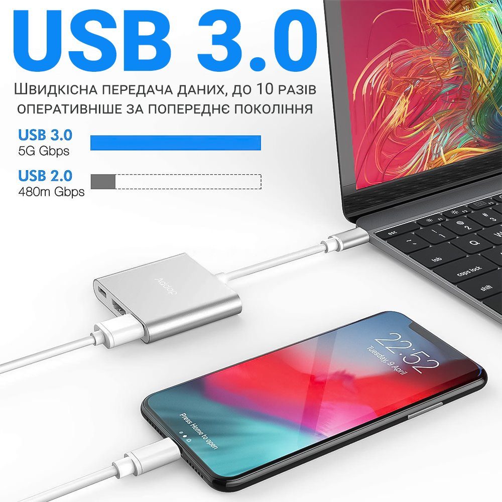USB Type-C хаб Addap MH-06, адаптер-концентратор для ноутбука, MacBook 3 в 1: USB 3,0,  HDMI, Type-C 5