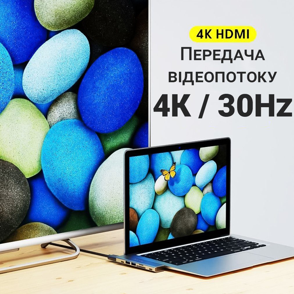 USB-C хаб 7 в 1 Addap MH-10, порт-реплікатор для Macbook на 7 портів: 2×USB 3.0, 2×Type-C, HDMI, SD, MicroSD 7