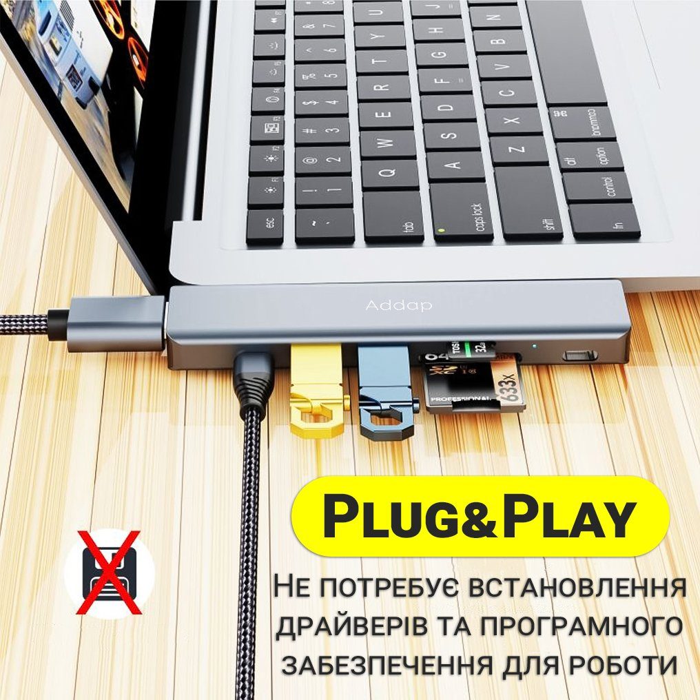 USB-C хаб 7 в 1 Addap MH-10, порт-реплікатор для Macbook на 7 портів: 2×USB 3.0, 2×Type-C, HDMI, SD, MicroSD 2