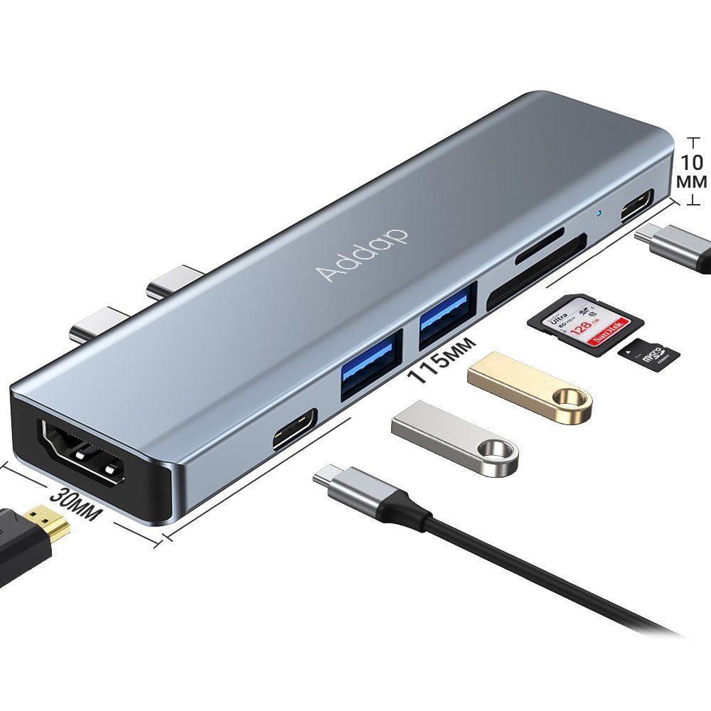 USB-C хаб 7 в 1 Addap MH-10, порт-реплікатор для Macbook на 7 портів: 2×USB 3.0, 2×Type-C, HDMI, SD, MicroSD 9
