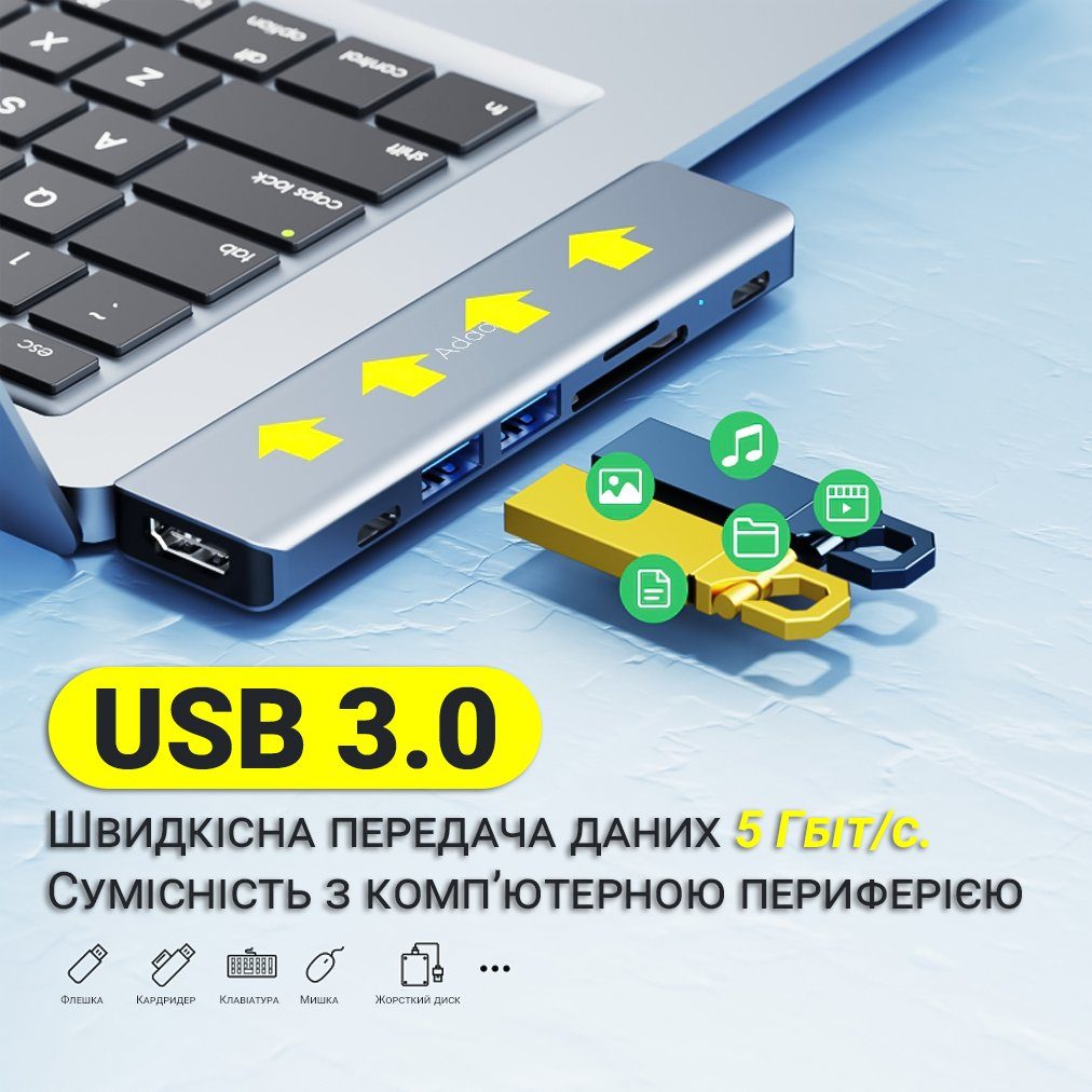 USB-C хаб 7 в 1 Addap MH-10, порт-реплікатор для Macbook на 7 портів: 2×USB 3.0, 2×Type-C, HDMI, SD, MicroSD 6