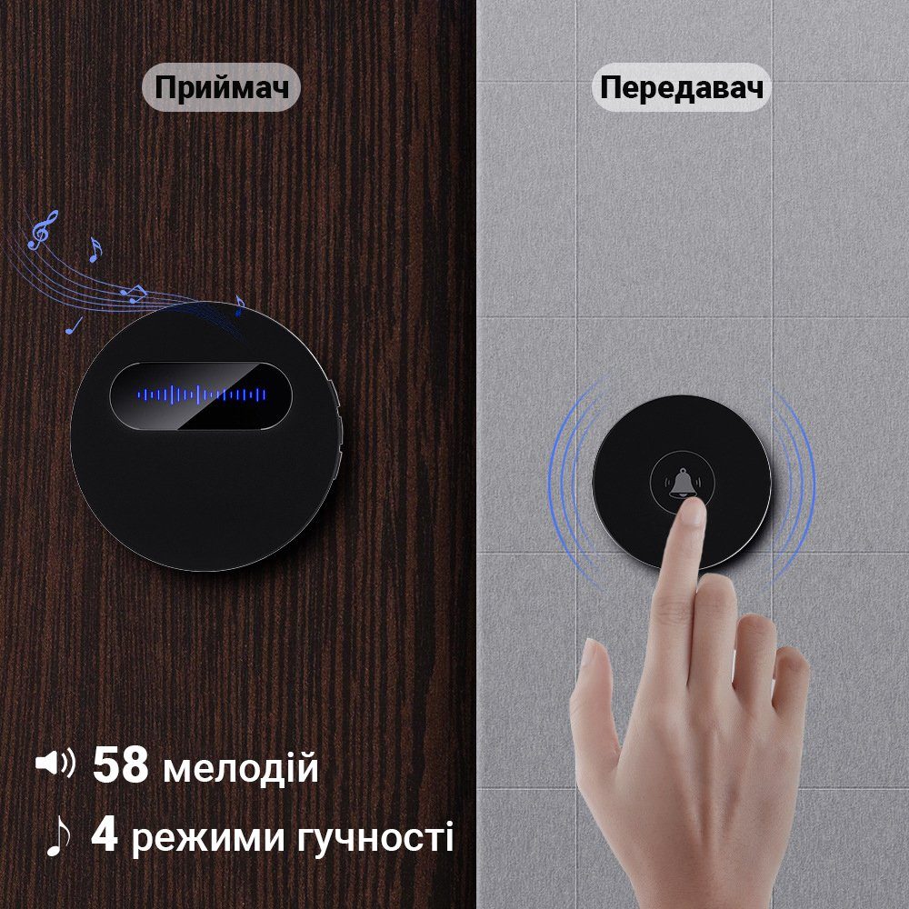 Бездротовий дверний дзвінок з автономною кнопкою Digital Lion WDB-06, до 180 м, Чорний 8