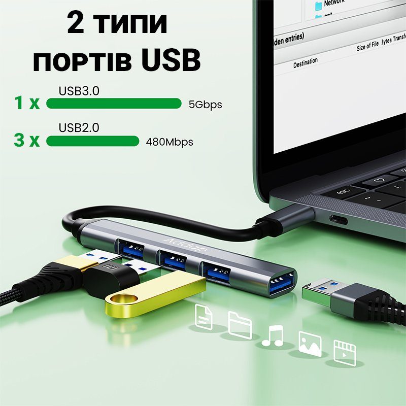 USB Type-C хаб, концентратор / розгалужувач для ноутбука Addap UH-05C, на 4 порти USB, Gray 6