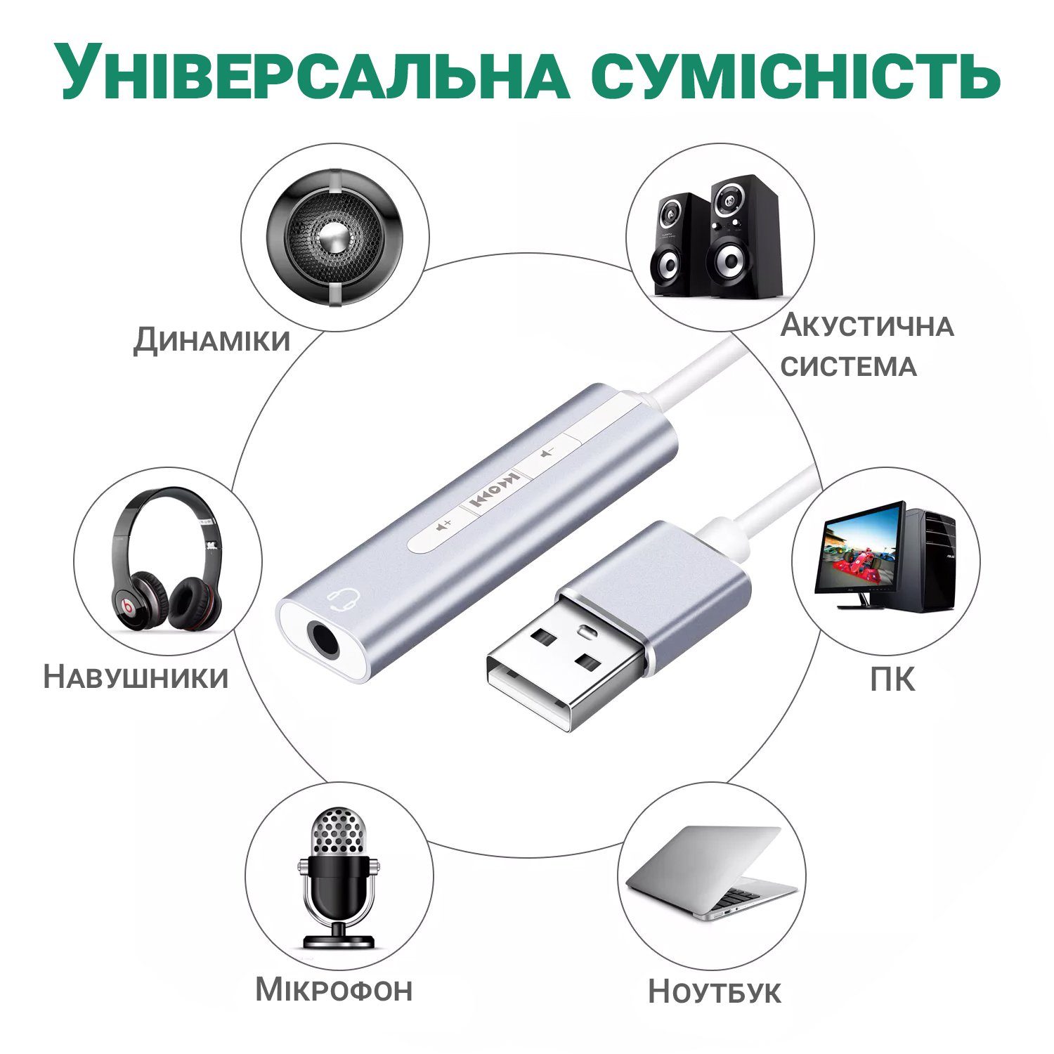 Зовнішня USB звукова карта Addap ESC-01, 3,5 мм mini Jack з регулятором гучності та плеєром 7