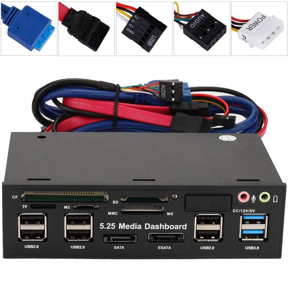Багатофункціональна 5,25 " передня панель для ПК Addap 525E | косичка USB 2.0, USB 3.0, TF/SD/CF/M2/MMC/MS Card, SATA, ESATA, 3.5мм 2