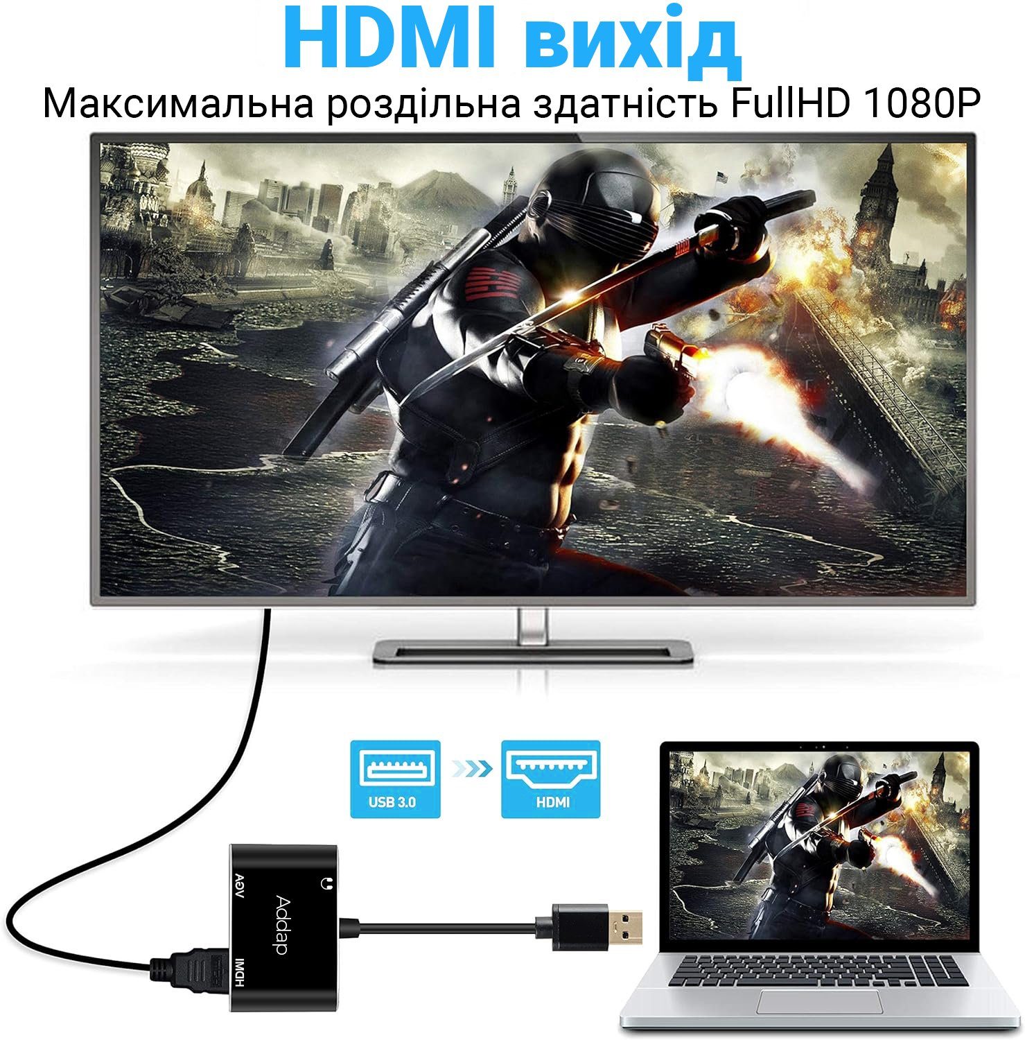 Багатофункціональний USB хаб для ноутбука Addap MH-12 для передачі відео, перехідник з USB 3.0 на 2 порти HDMI + VGA 7