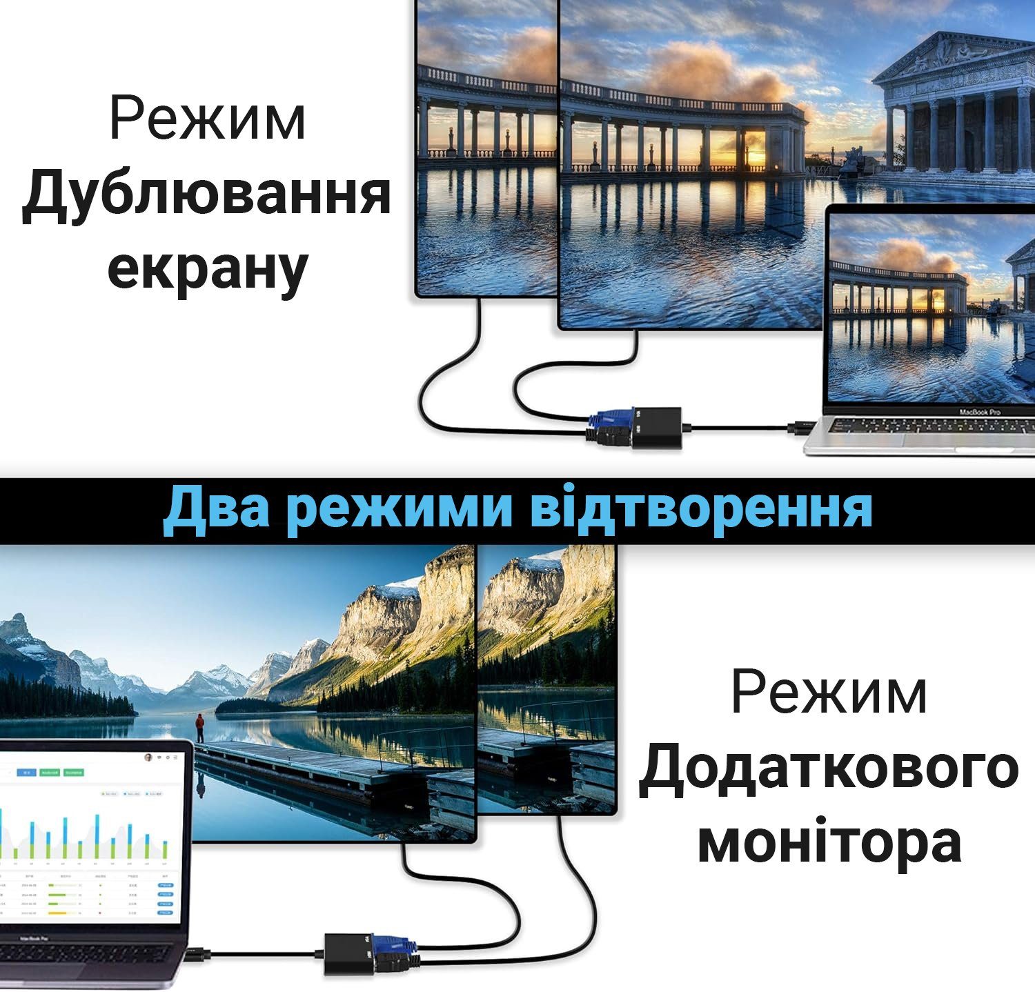 Багатофункціональний USB хаб для ноутбука Addap MH-12 для передачі відео, перехідник з USB 3.0 на 2 порти HDMI + VGA 6
