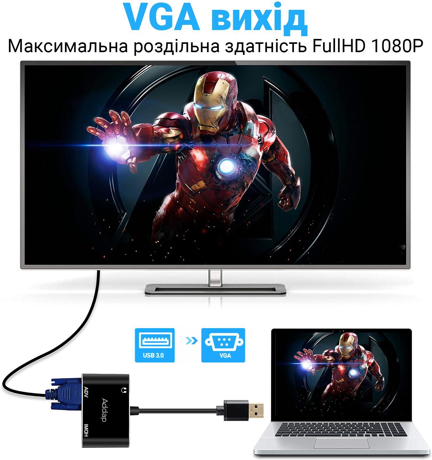 Багатофункціональний USB хаб для ноутбука Addap MH-12 для передачі відео, перехідник з USB 3.0 на 2 порти HDMI + VGA 8