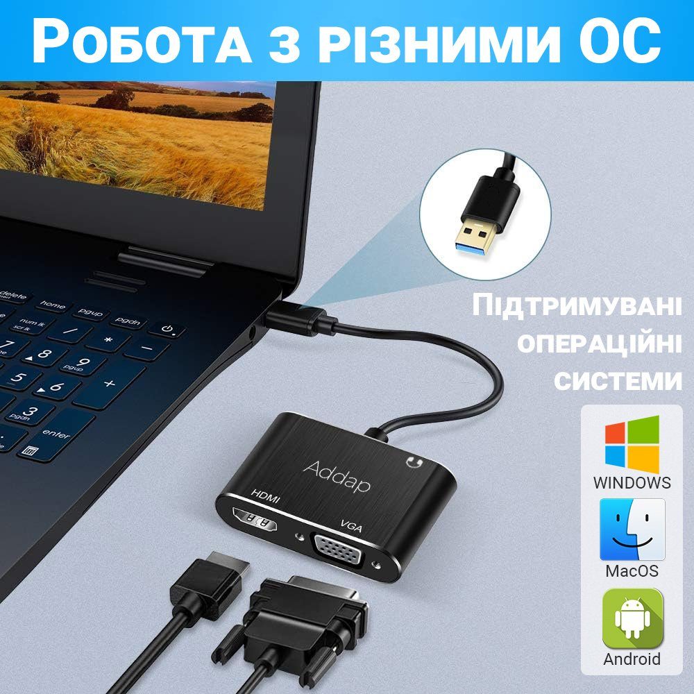 Багатофункціональний USB хаб для ноутбука Addap MH-12 для передачі відео, перехідник з USB 3.0 на 2 порти HDMI + VGA 5