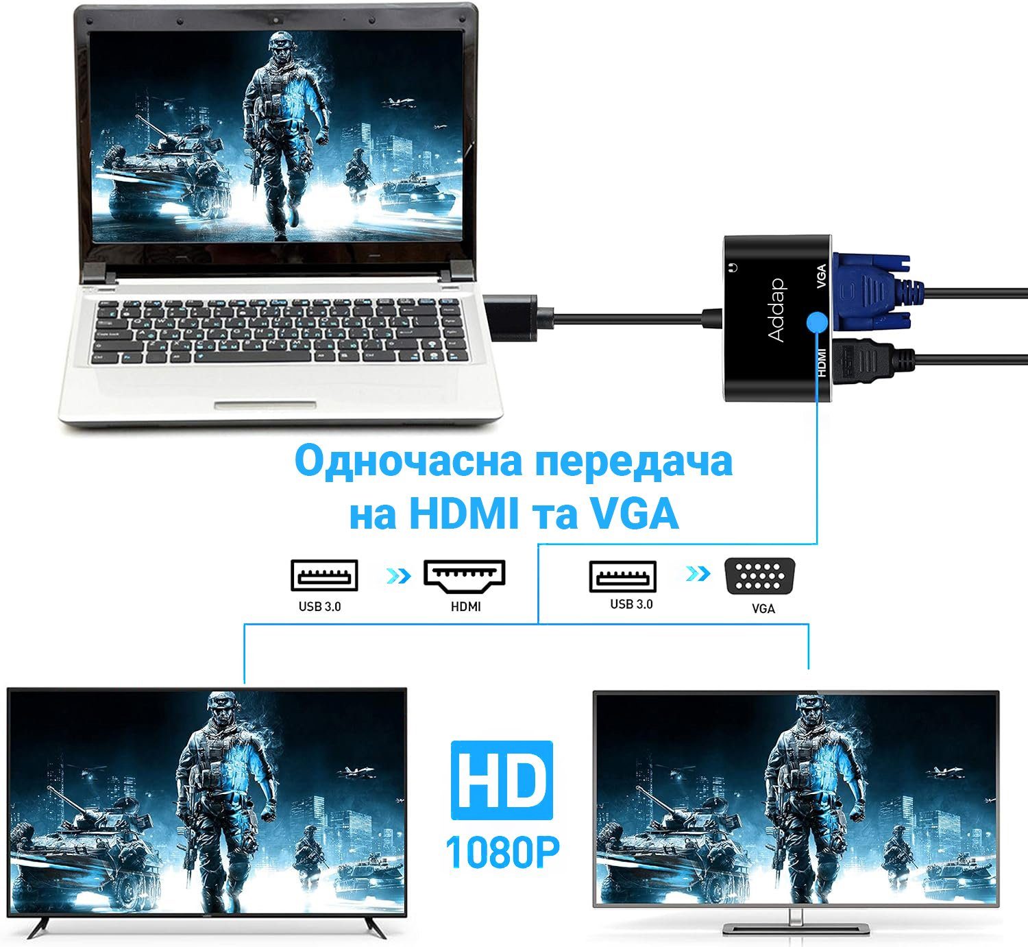 Багатофункціональний USB хаб для ноутбука Addap MH-12 для передачі відео, перехідник з USB 3.0 на 2 порти HDMI + VGA 4