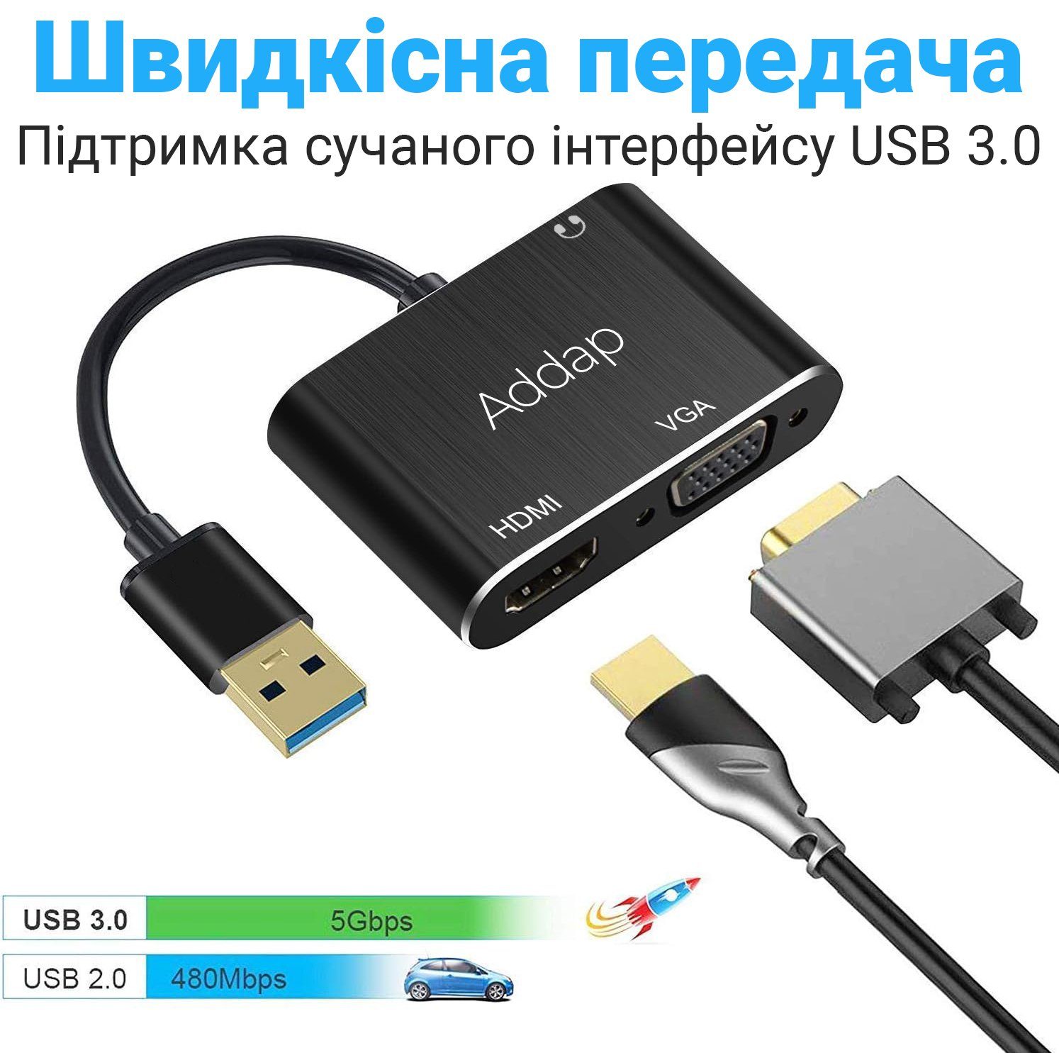 Багатофункціональний USB хаб для ноутбука Addap MH-12 для передачі відео, перехідник з USB 3.0 на 2 порти HDMI + VGA 2