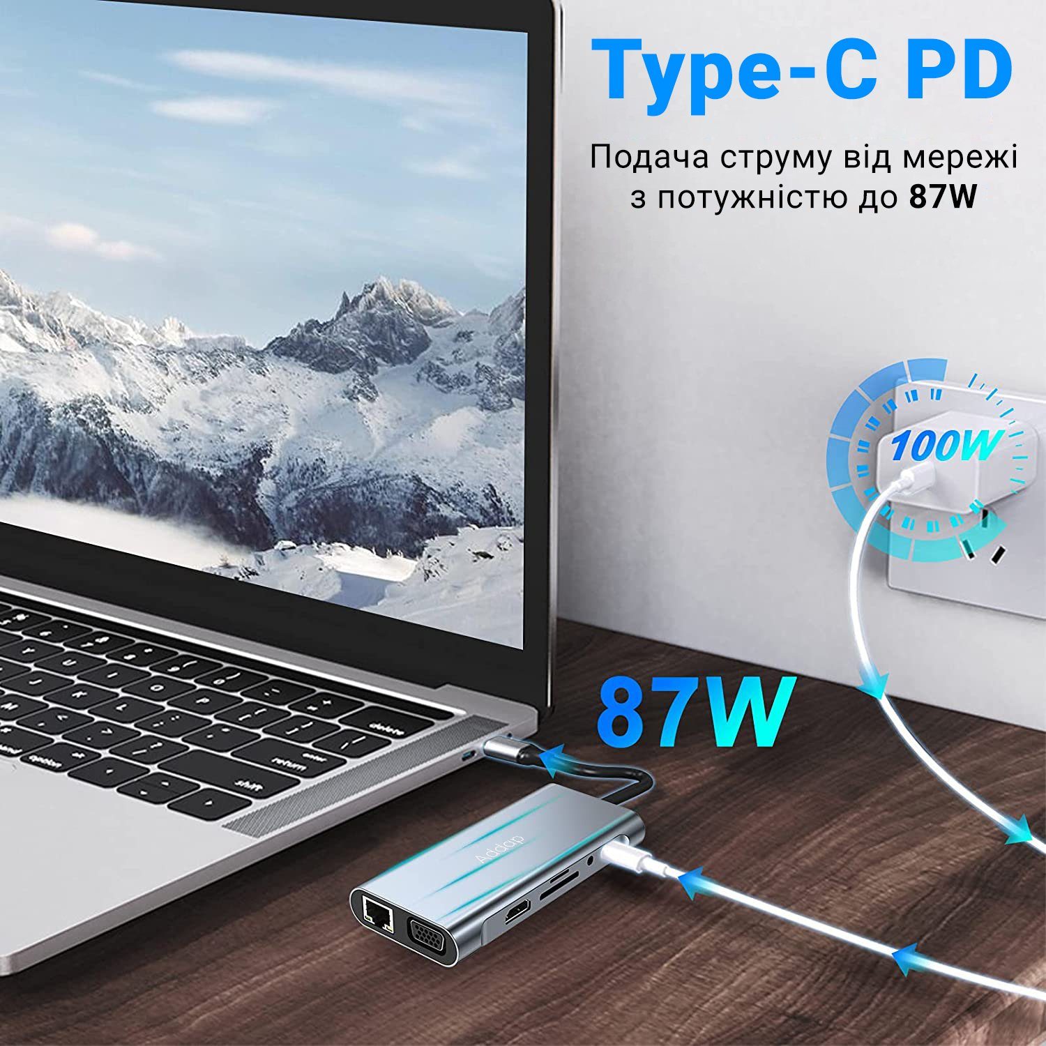 USB Type-C хаб Addap MH-13 для ноутбука, багатофункціональний розгалужувач 11в1: 4×USB 3.0, HDMI, VGA, Ethernet, SD, MicroSD, аудіо 3.5 мм 4