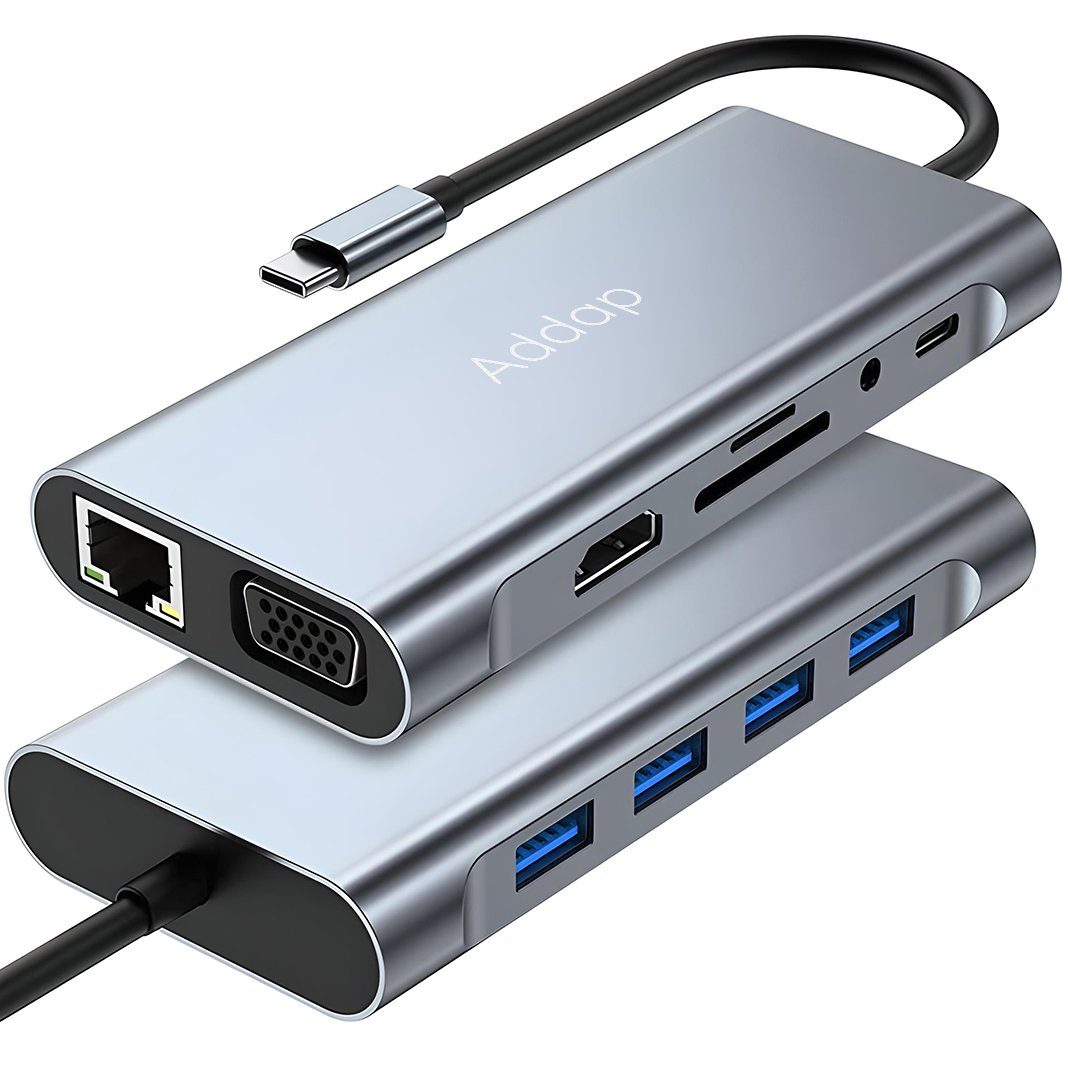 USB Type-C хаб Addap MH-13 для ноутбука, багатофункціональний розгалужувач 11в1: 4×USB 3.0, HDMI, VGA, Ethernet, SD, MicroSD, аудіо 3.5 мм 2