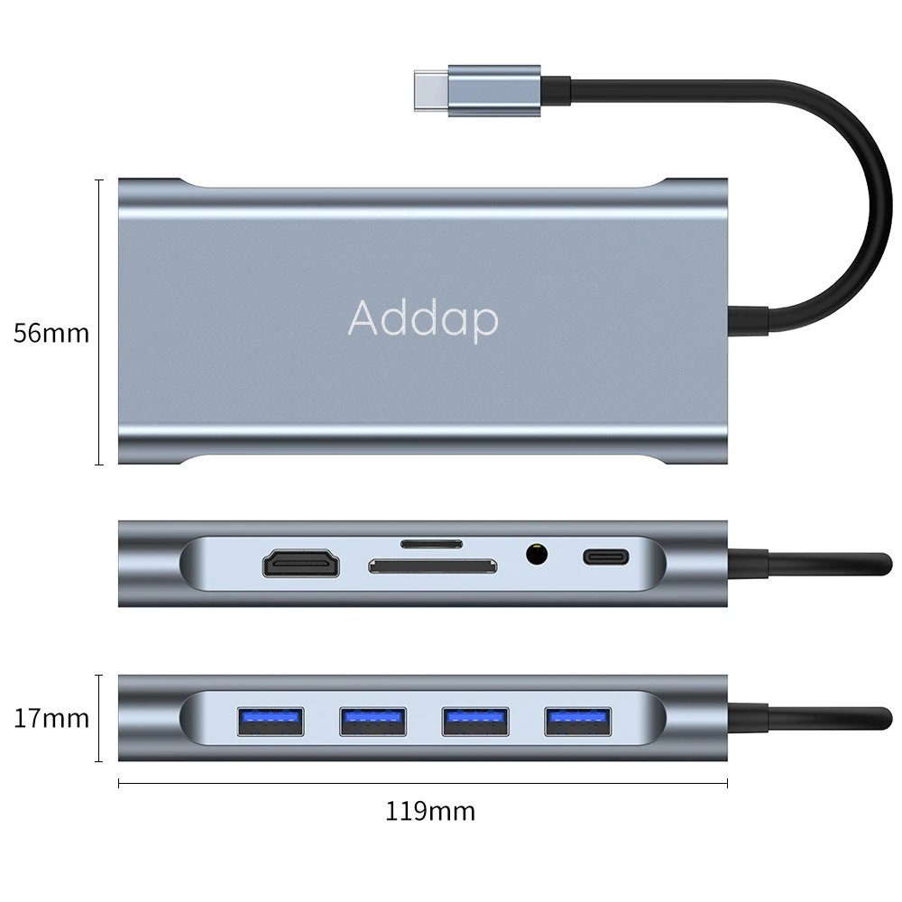 USB Type-C хаб Addap MH-13 для ноутбука, багатофункціональний розгалужувач 11в1: 4×USB 3.0, HDMI, VGA, Ethernet, SD, MicroSD, аудіо 3.5 мм 11