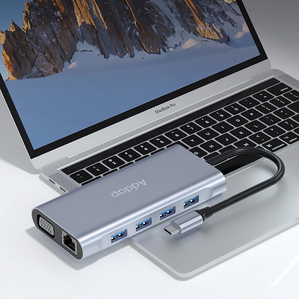 USB Type-C хаб Addap MH-13 для ноутбука, багатофункціональний розгалужувач 11в1: 4×USB 3.0, HDMI, VGA, Ethernet, SD, MicroSD, аудіо 3.5 мм 10