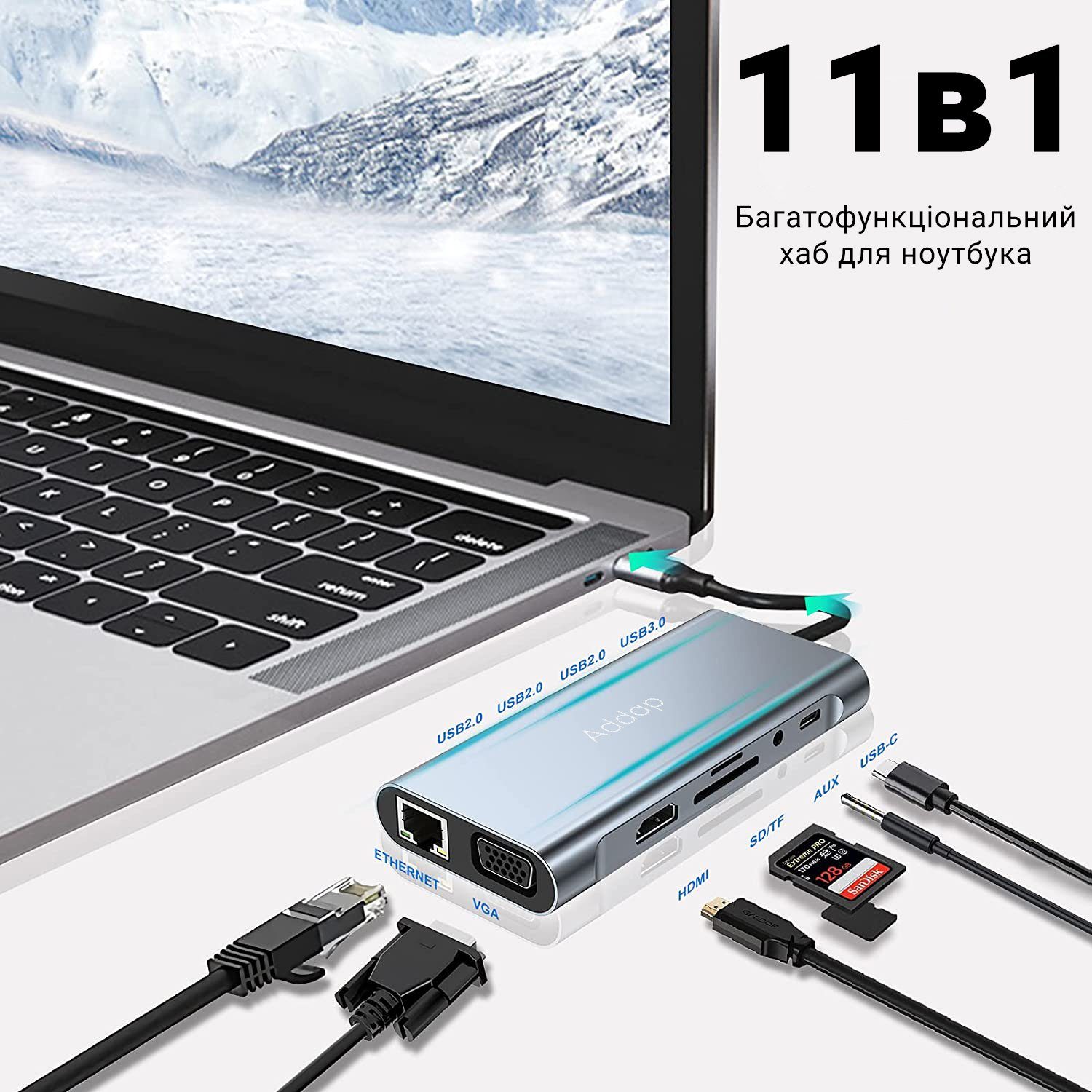 USB Type-C хаб Addap MH-13 для ноутбука, багатофункціональний розгалужувач 11в1: 4×USB 3.0, HDMI, VGA, Ethernet, SD, MicroSD, аудіо 3.5 мм 3