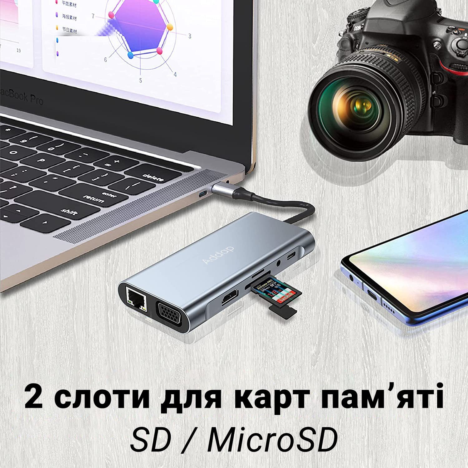 USB Type-C хаб Addap MH-13 для ноутбука, багатофункціональний розгалужувач 11в1: 4×USB 3.0, HDMI, VGA, Ethernet, SD, MicroSD, аудіо 3.5 мм 8