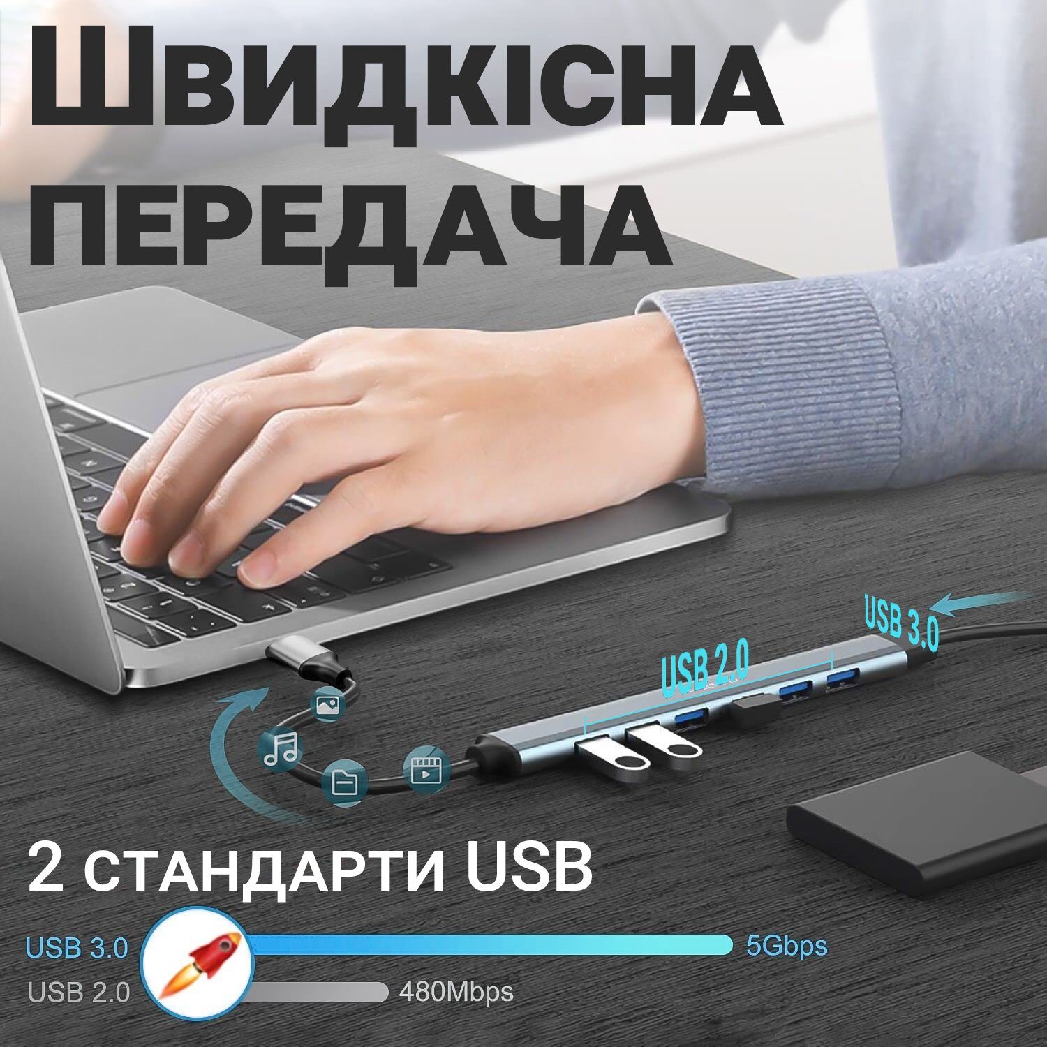 USB-хаб, концентратор / розгалужувач для ноутбука Addap UH-04, на 7 портів USB 3.0 + USB 2.0, Gray 4