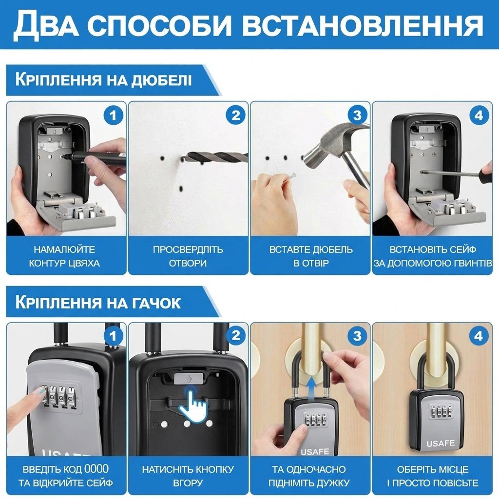 Підвісний металевий міні сейф для ключів uSafe KS-05s, з гачком і паролем, Чорний 5