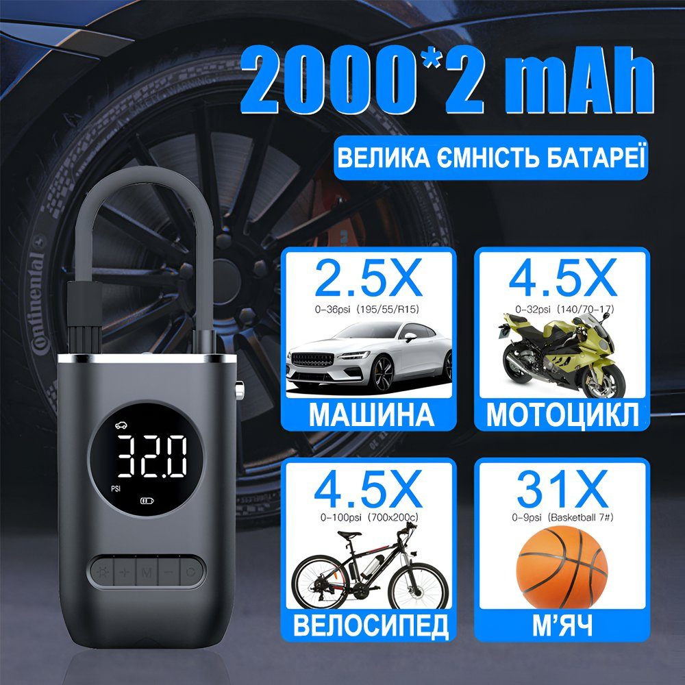 Портативний акумуляторний насос - компресор Podofo PAC-02 для авто, мотоцикла, велосипеда та спортивного обладнання, чорний 4