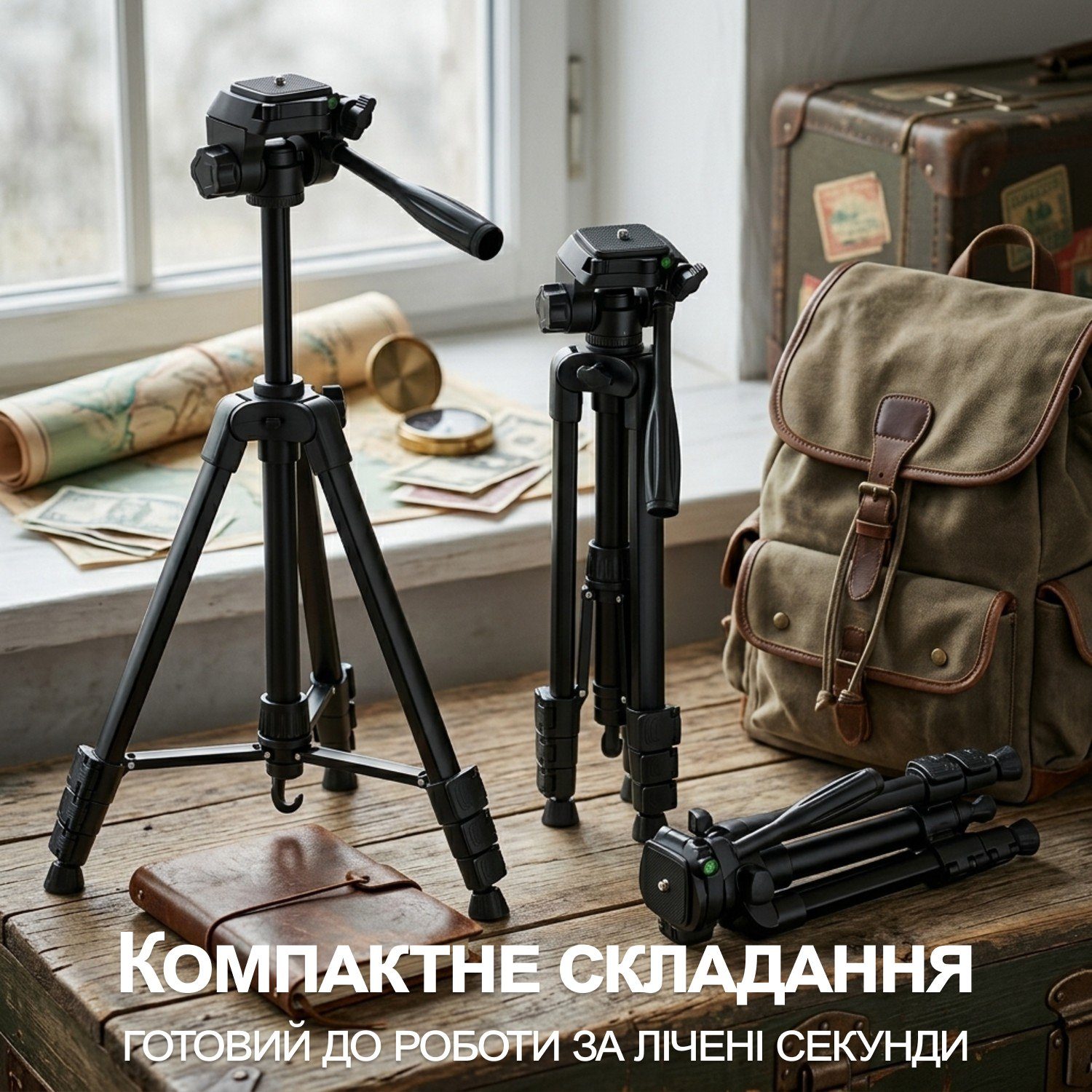 Дорожній штатив для телефона та камери Andoer TR-06 Mini, компактний розкладний трипод для подорожі, 63 см, Чорний 10